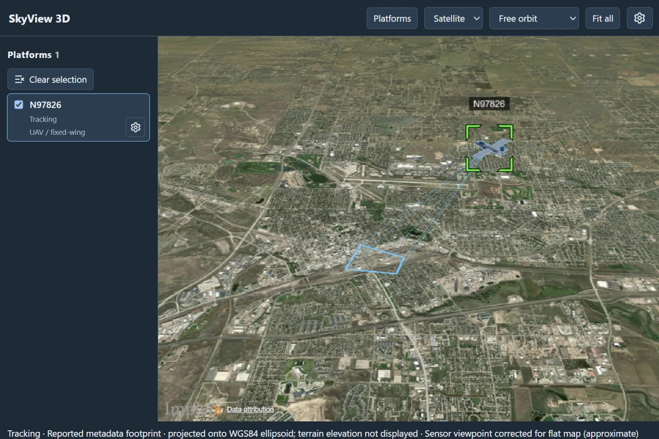 3D scene showing an aircraft, sensor rays and ground footprint.