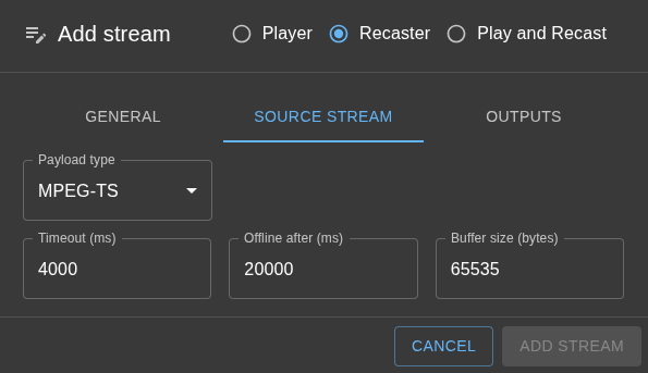 Source stream config
