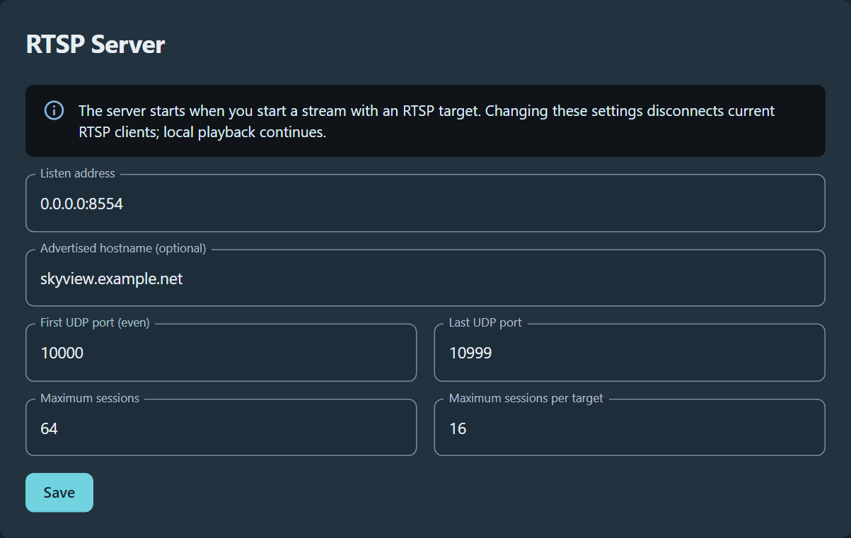 RTSP Server settings with listener, advertised hostname, UDP port range, and session limits