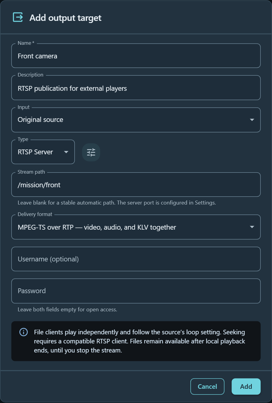 Add output target dialog configured for RTSP Server with the mission/front path and MPEG-TS over RTP delivery