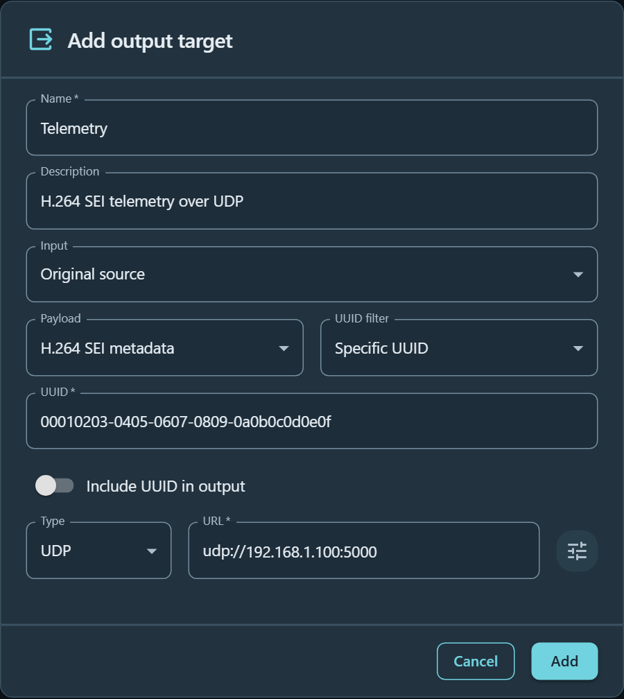 UDP output target dialog with H.264 SEI metadata payload, a specific producer UUID, and Include UUID in output turned off