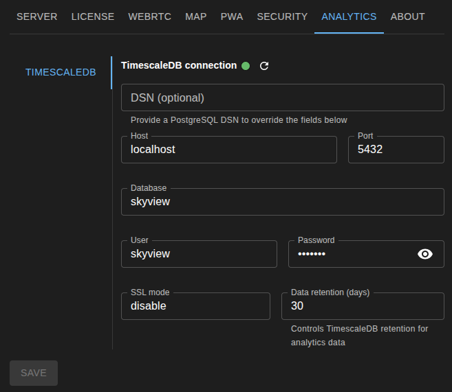 Analytics DB configuration