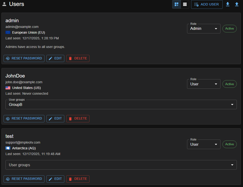 Users management screen