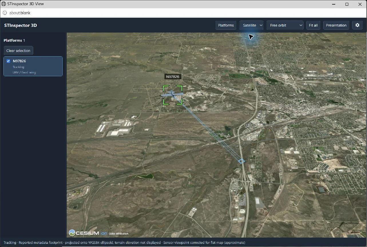 STInspector 3D View displaying the current platform and sensor footprint.