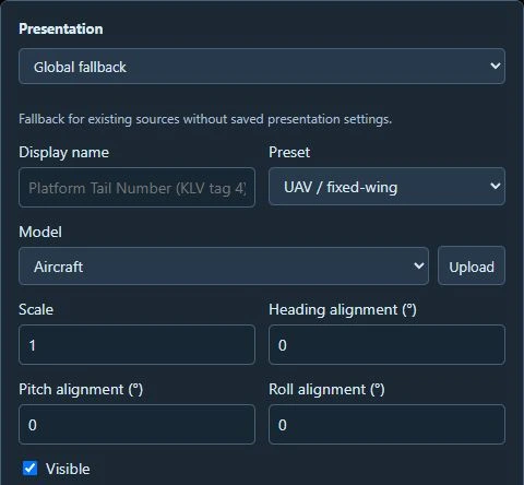 Presentation editor showing the source or KLV track selector, model, scale, alignment, and visibility controls.